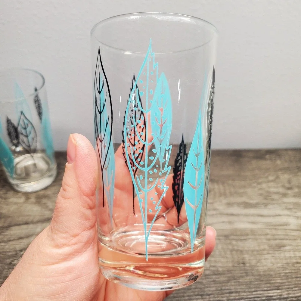 Vtg Federal Glass MCM Barware Teal & Black Leaves 5.25